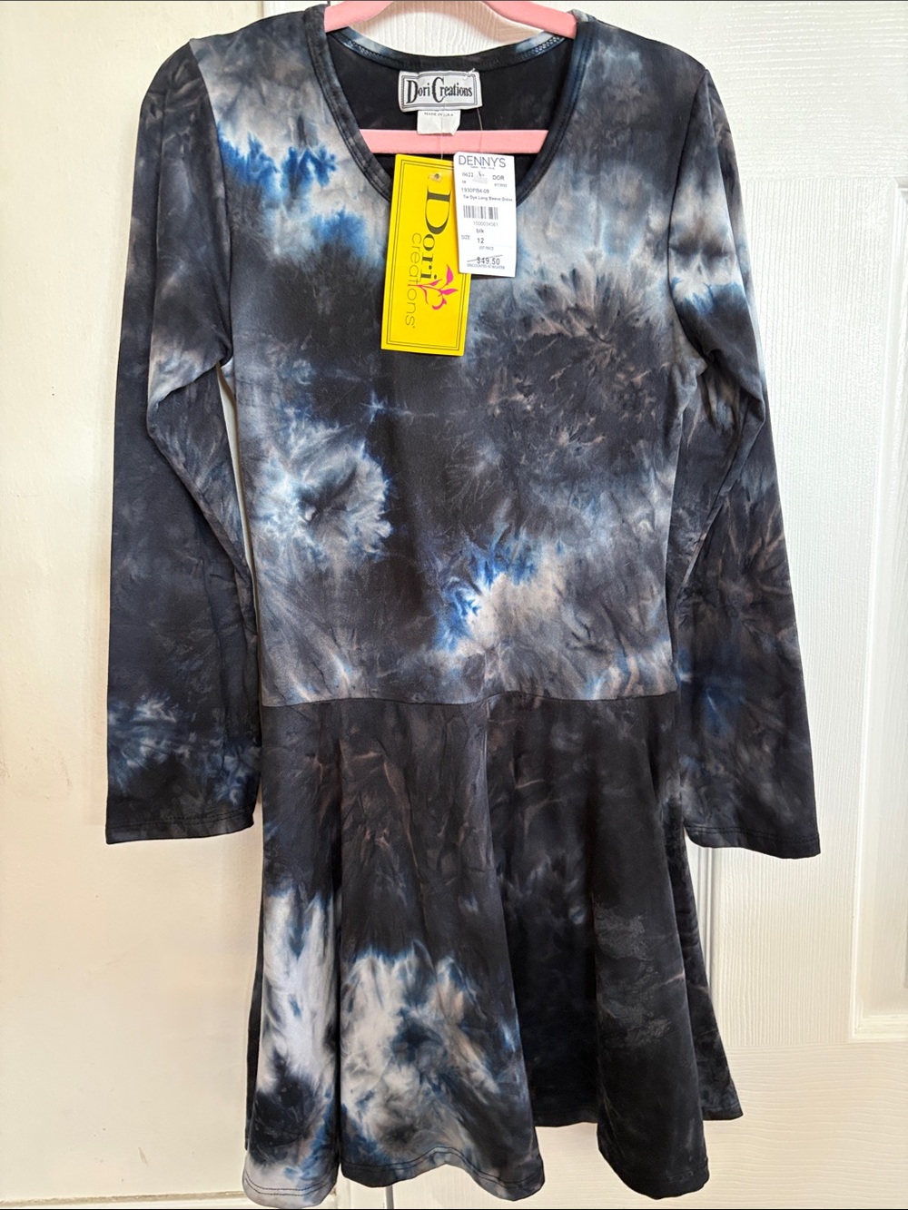 Dori Creations Girls' Black & Blue Tie-Dye Long Sleeve Skater Dress Sz 12